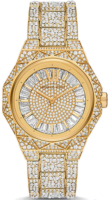 Michael Kors Raquel Three Hand Crystals Gold Dial Gold Steel Strap Watch For Women - MK7398