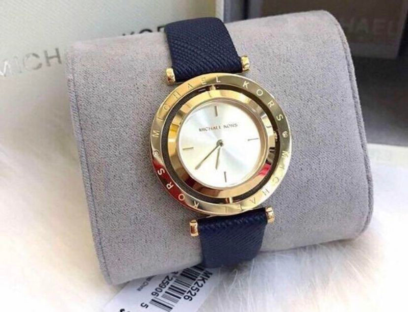Michael Kors Averi Gold Dial Navy Blue Leather Strap Watch for Women - MK2526