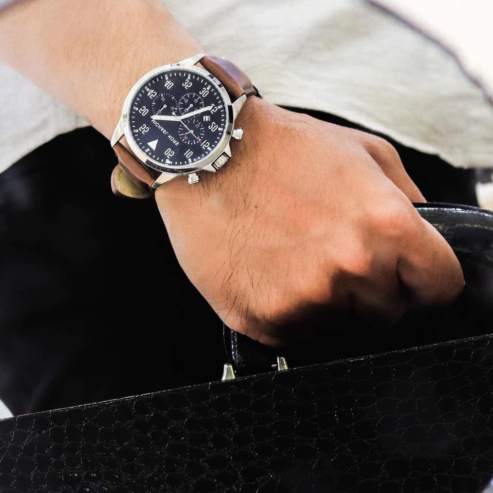 Michael Kors Gage Chronograph Blue Dial Brown Leather Strap Watch For Men - MK8362