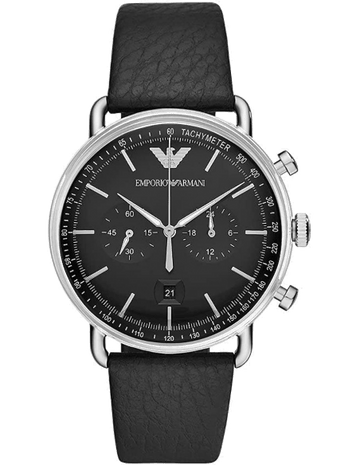 Emporio Armani Aviator Chronograph Black Dial Black Leather Strap Watch For Men - AR11143