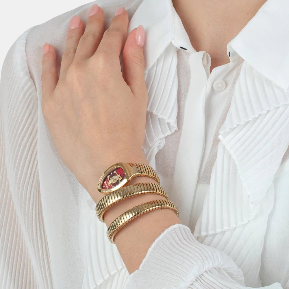 Just Cavalli Glam Evo 5 Red Dial Gold Steel Strap Watch for Women - JC1L228M0045