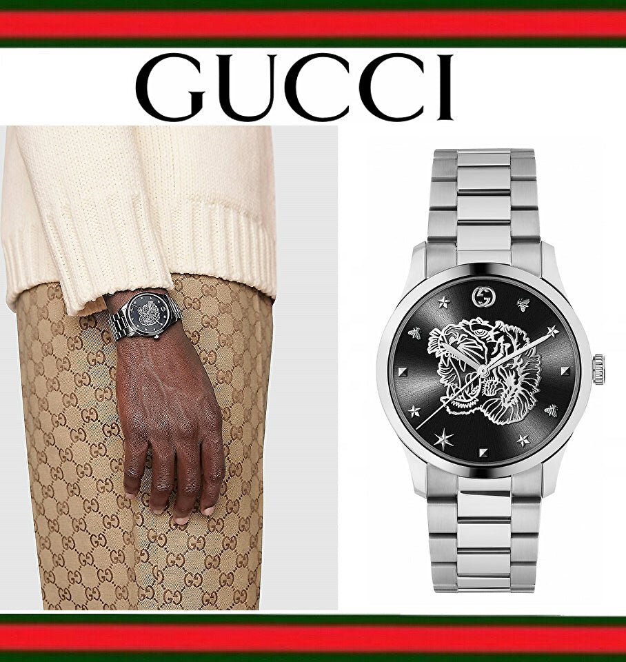 Gucci G Timeless Diamonds Black Dial Silver Steel Strap Watch For Women - YA1264125