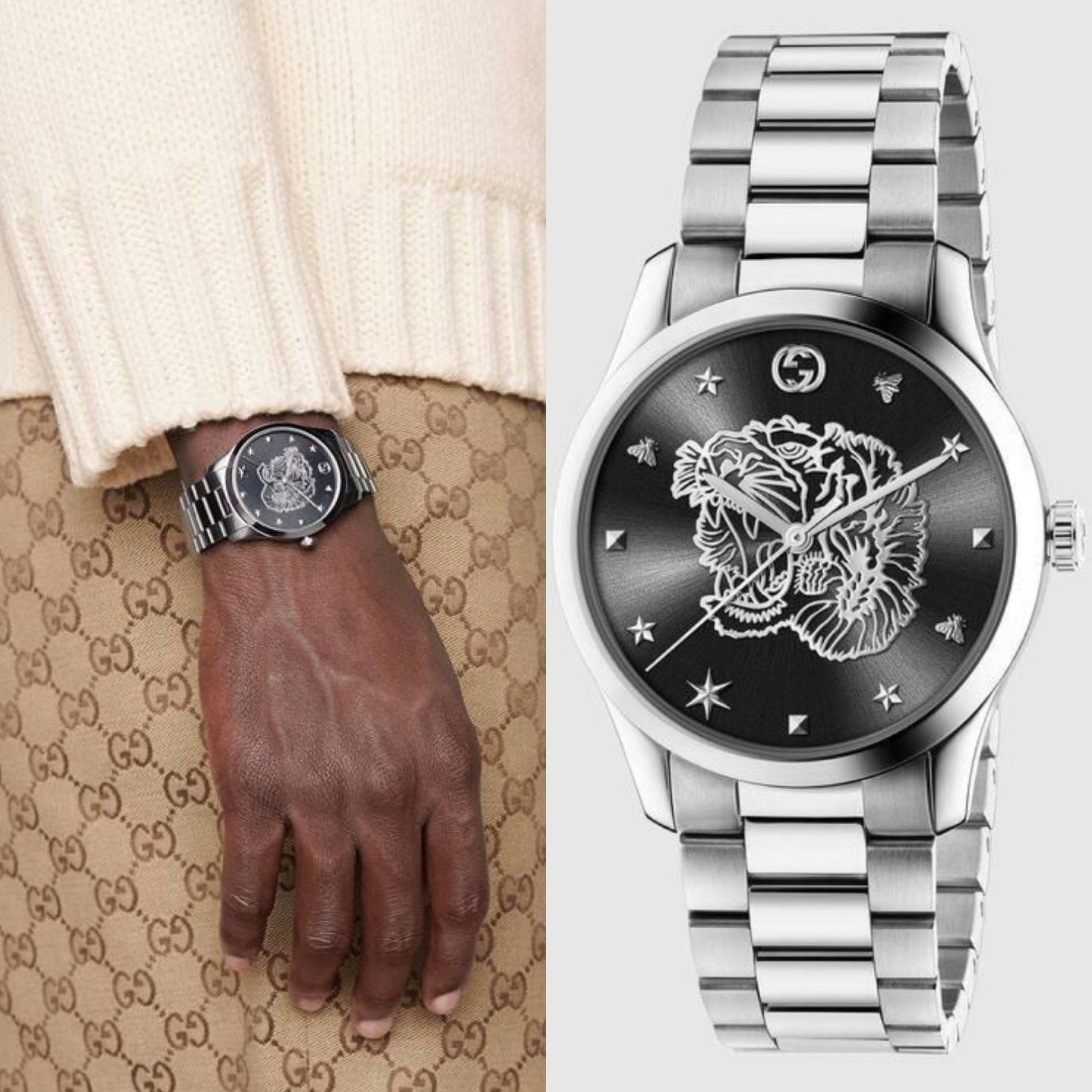 Gucci G Timeless Diamonds Black Dial Silver Steel Strap Watch For Women - YA1264125