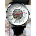 Emporio Armani Meccanico Silver Skeleton Dial Black Leather Strap Watch For Men - AR2072