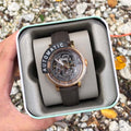 Fossil Boyfriend Automatic Skeleton Grey Dial Grey Leather Strap Watch for Women - ME3089