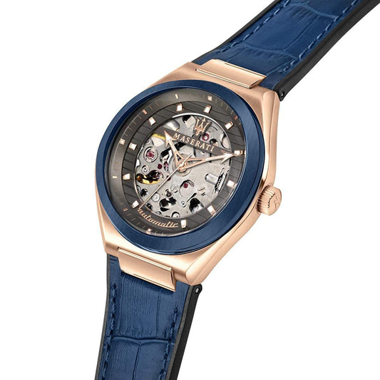 Maserati Triconic Skeleton Black Dial Blue Leather Strap Watch For Men - R8821139001