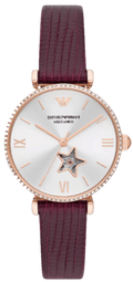 Emporio Armani Meccanico Automatic Silver Dial Burgundy Leather Strap Watch For Women - AR60044
