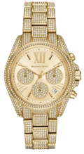 Michael Kors Mini Bradshaw Crystals Gold Dial Gold Steel Strap Watch For Women - MK6494