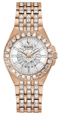 Bulova Phantom White Dial with Swarovski Baguettes Rose Gold Steel Strap Watch for Women - 98L268
