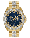 Bulova Crystal Collection Blue Dial Gold Steel Strap Watch for Men - 98C128