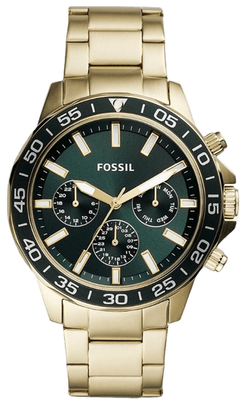 Fossil Bannon Multifunction Chronograph Green Dial Gold Steel Strap Watch for Men - BQ2493