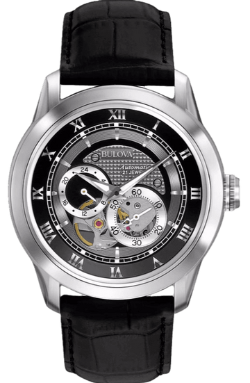 Bulova BVA Classic Automatic Silver Dial Black Leather Strap Watch for Men - 96A135
