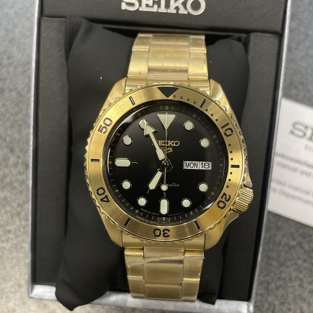 Seiko 5 Sports Automatic Black Dial Gold Steel Strap Watch For Men - SRPK18