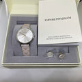 Emporio Armani Gianni T Bar Quartz Silver Dial Beige Leather Strap Watch For Women - AR80007