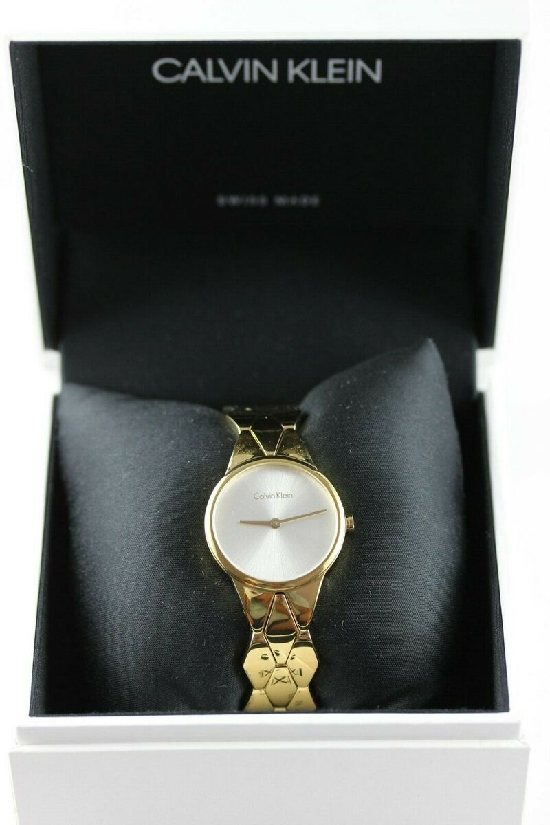 Calvin Klein Snake Silver Dial Yellow Gold Steel Strap Watch For Women - K6E23546