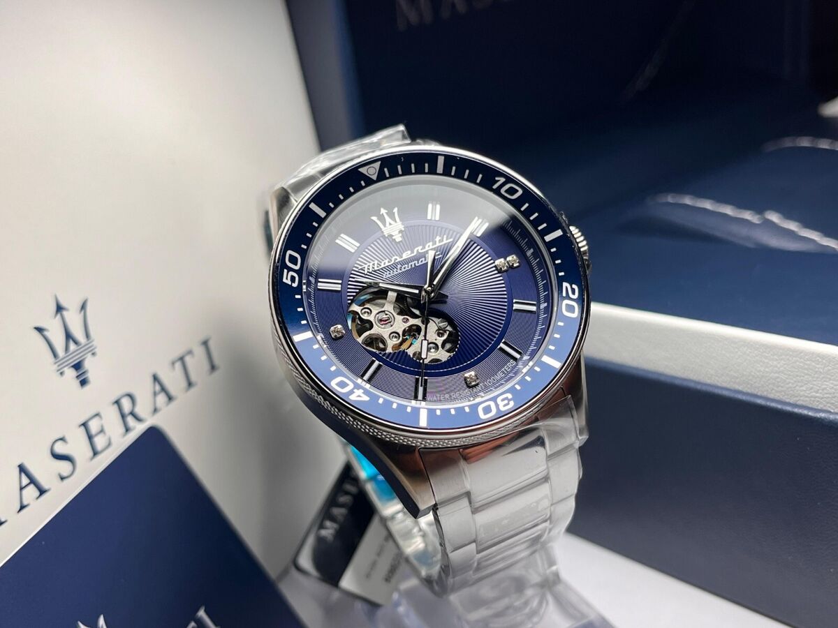 Maserati SFIDA Automatic Skeleton Blue Dial Silver Steel Strap Watch For Men - R8823140007