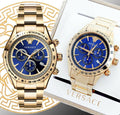 Versace Classic Chronograph Quartz Blue Dial Gold Steel Strap Watch For Men - VEV700619