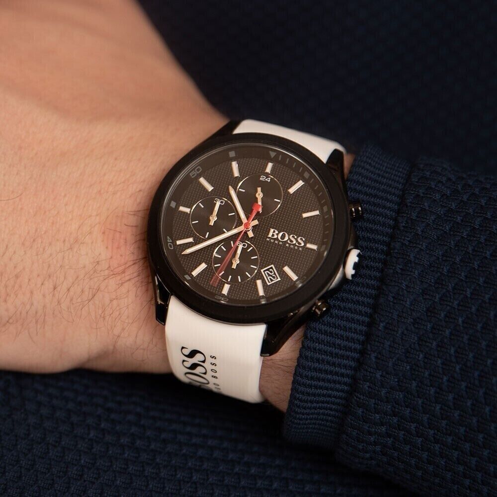 Hugo Boss Velocity Chronograph Black Dial White Rubber Strap Watch for Men - 1513718