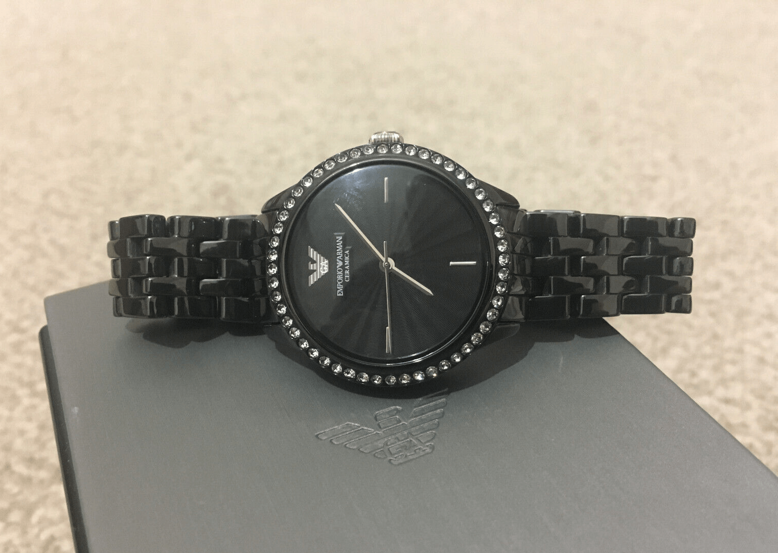 Emporio Armani Crystal Ceramica Black Dial Black Steel Strap Watch For Women - AR1478