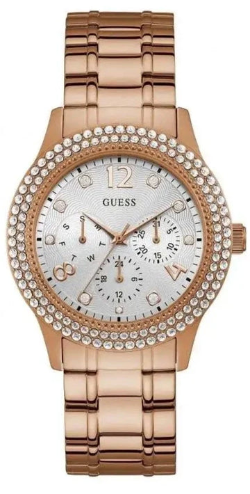 Guess Bedazzle Diamonds Silver Dial Rose Gold Steel Strap Watch For Women - W1097L3