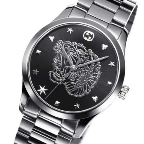 Gucci G Timeless Diamonds Black Dial Silver Steel Strap Watch For Women - YA1264125