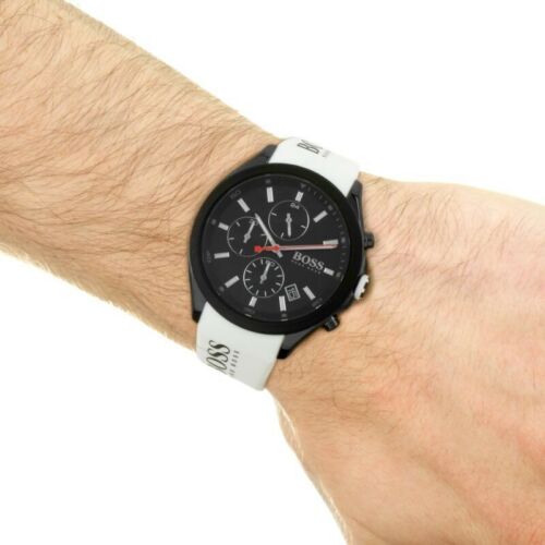 Hugo Boss Velocity Chronograph Black Dial White Rubber Strap Watch for Men - 1513718