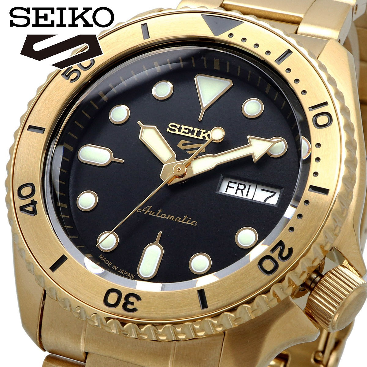 Seiko 5 Sports Automatic Black Dial Gold Steel Strap Watch For Men - SRPK18