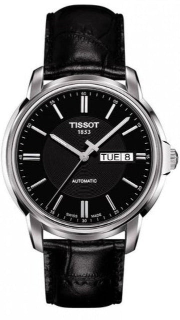 Tissot Automatics III Day Date Black Dial Black Leather Strap Watch For Men - T065.430.16.051.00