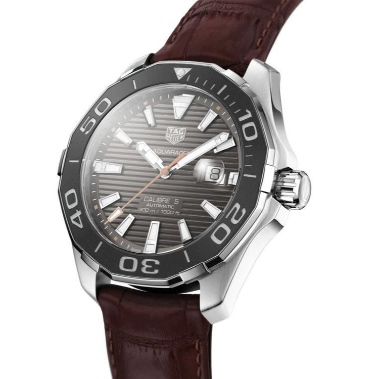 Tag Heuer Aquaracer Caliber 5 Black Dial Brown Leather Strap Watch for Men - WAY201M.FC6474