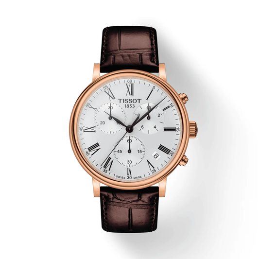 Tissot Carson Premium Chronograph Silver Dial Brown Leather Strap Watch For Men - T122.417.36.033.00