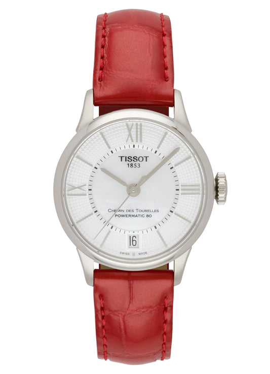Tissot Chemin Des Tourelles Powermatic 80 Mother of Pearl White Dial Red Leather Strap Watch For Women - T099.207.16.118.00