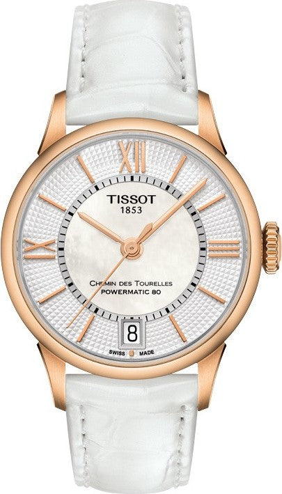 Tissot Chemin Des Tourelles Powermatic 80 Lady Silver Dial White Leather Strap Watch For Women - T099.207.36.118.00