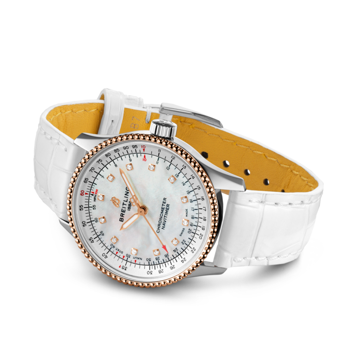 Breitling Navitimer Automatic 35 Mother of Pearl Dial White Leather Strap Watch for Women - U17395211A1P3