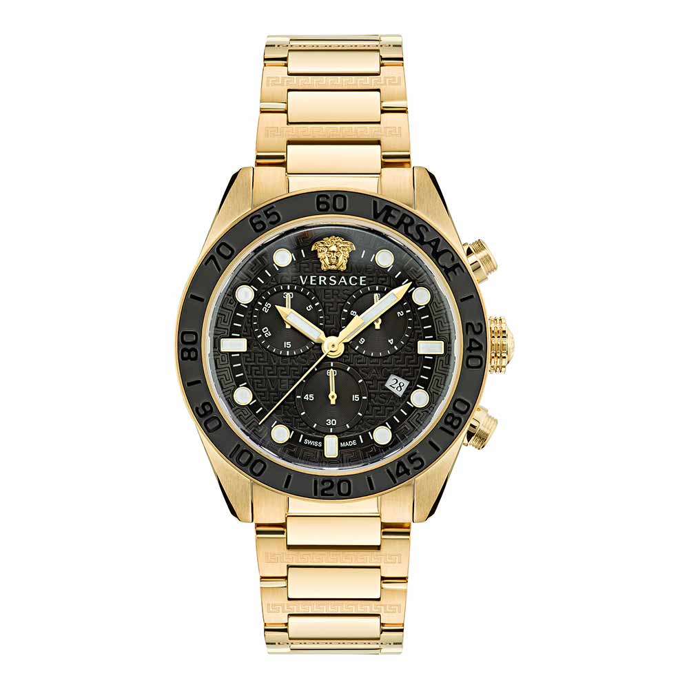 Versace Greca Dome Chronograph Black Dial Gold Steel Strap Watch for Men - VE6K00523