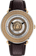 Versace V Metal Icon Quartz Silver Dial Brown Leather Strap Watch For Men - VQL010015