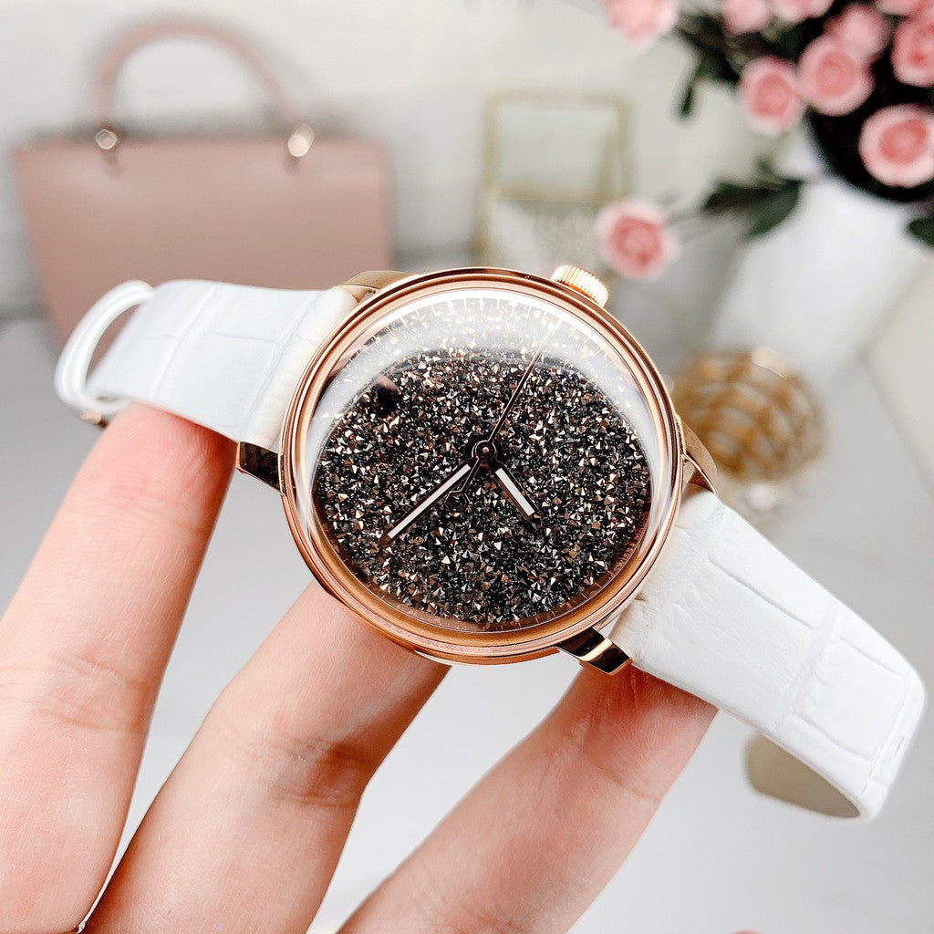 Swarovski Crystalline Hours Quartz Grey Dial Black Leather Strap Watch for Women - 5344635
