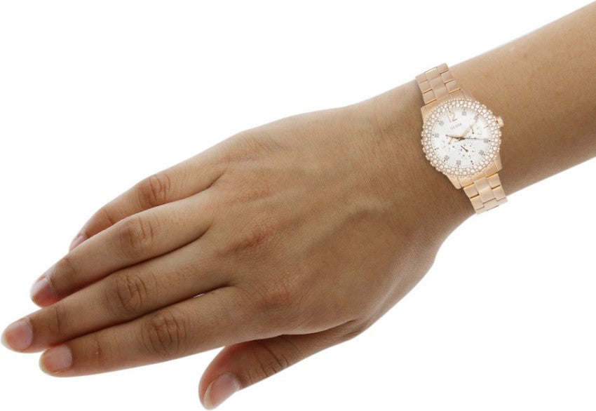 Guess Dazzler Diamonds Silver Dial Rose Gold Steel Strap Watch for Women - W0335L3