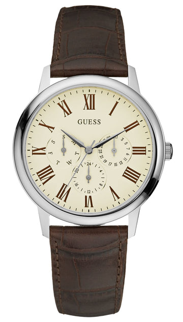 Guess Wafer Quartz White Dial Brown Leather Strap Watch For Men - W70016G2