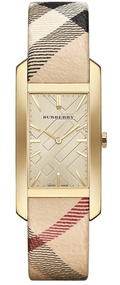 Burberry Pioneer Gold Dial Haymarket Beige Leather Strap Watch for Women - BU9509