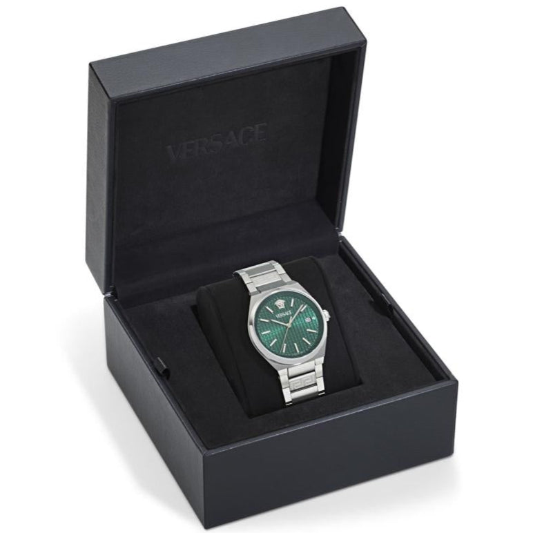 Versace V-Auria Quartz Green Dial Silver Steel Strap Watch for Men - VE0F00125