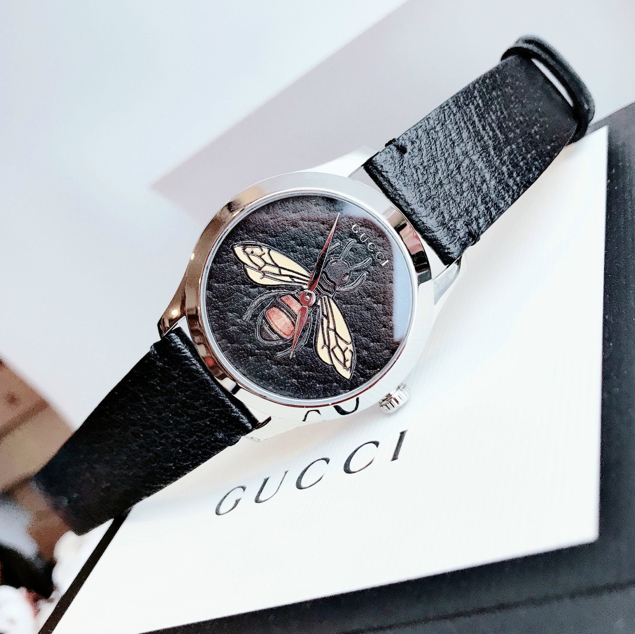 Gucci G Timeless Bee Black Dial Black Leather Strap Watch For Women - YA1264067