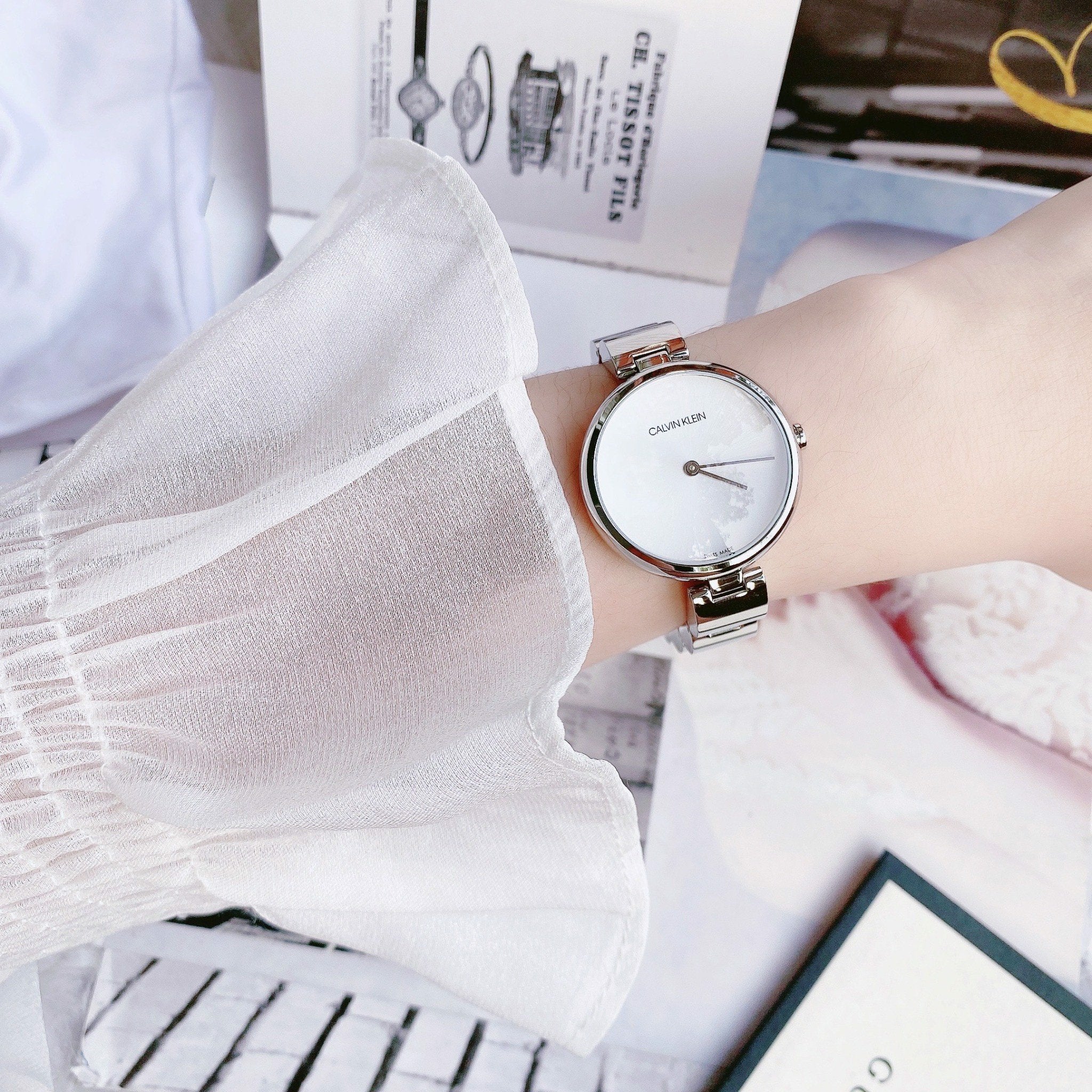 Calvin Klein Wavy Silver Dial Silver Steel Strap Watch for Women - K9U23146