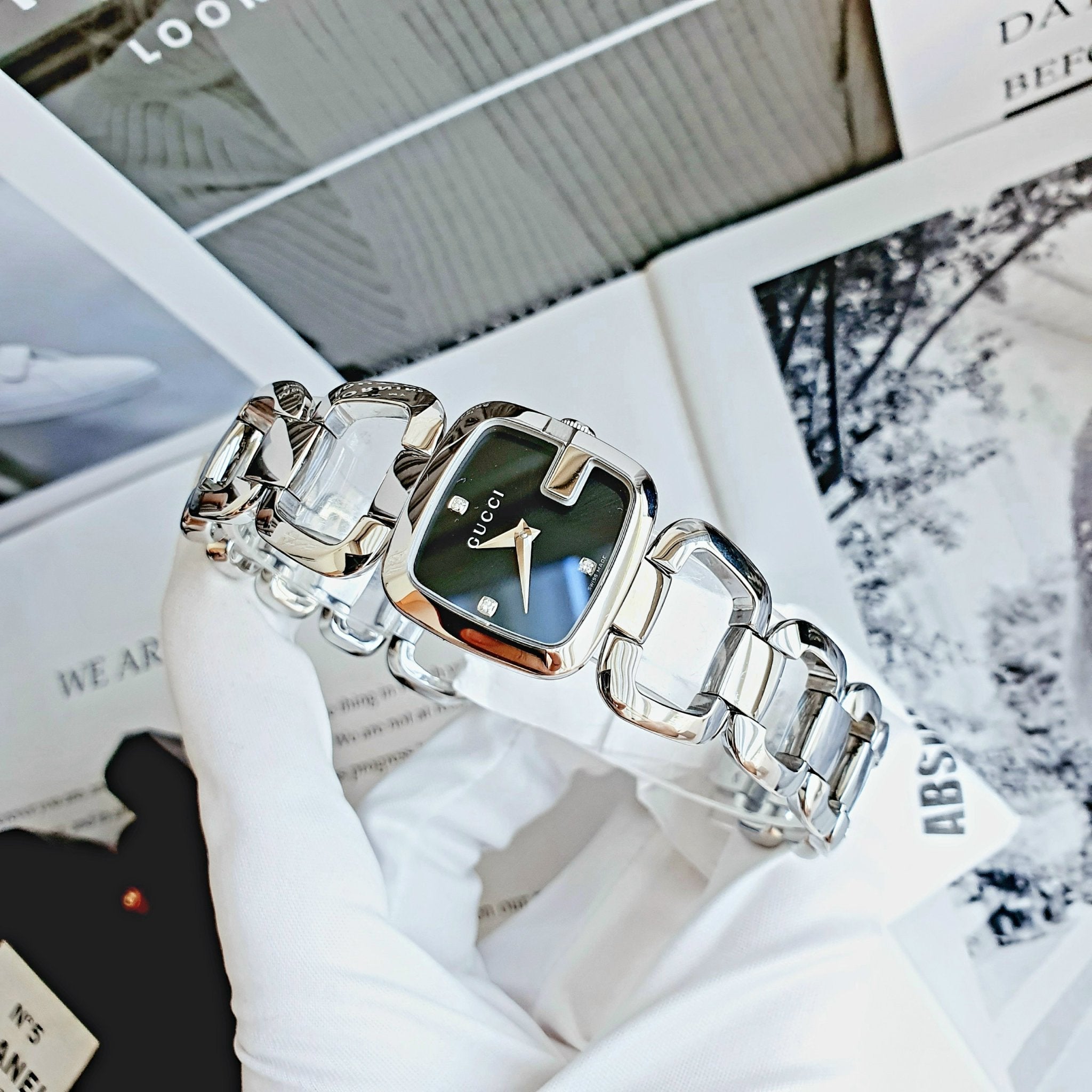 Gucci G Diamonds Black Dial Silver Steel Strap Watch For Women - YA125509