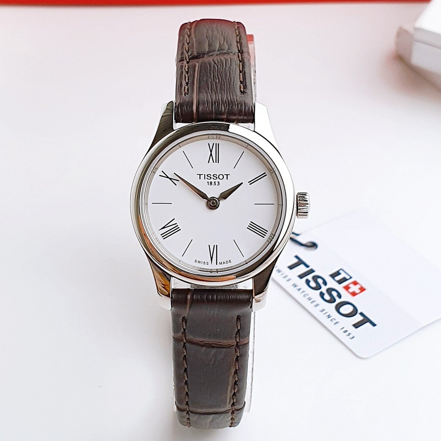 Tissot Tradition 5.5 Lady Silver Dial Brown Leather Strap Watch for Women - T063.009.16.018.00