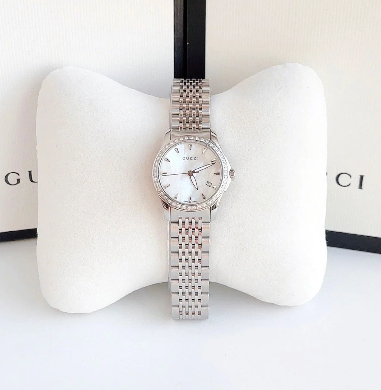 Gucci G Timeless Diamonds Mother of Pearl Dial Silver Steel Strap Watch For Women - YA126506