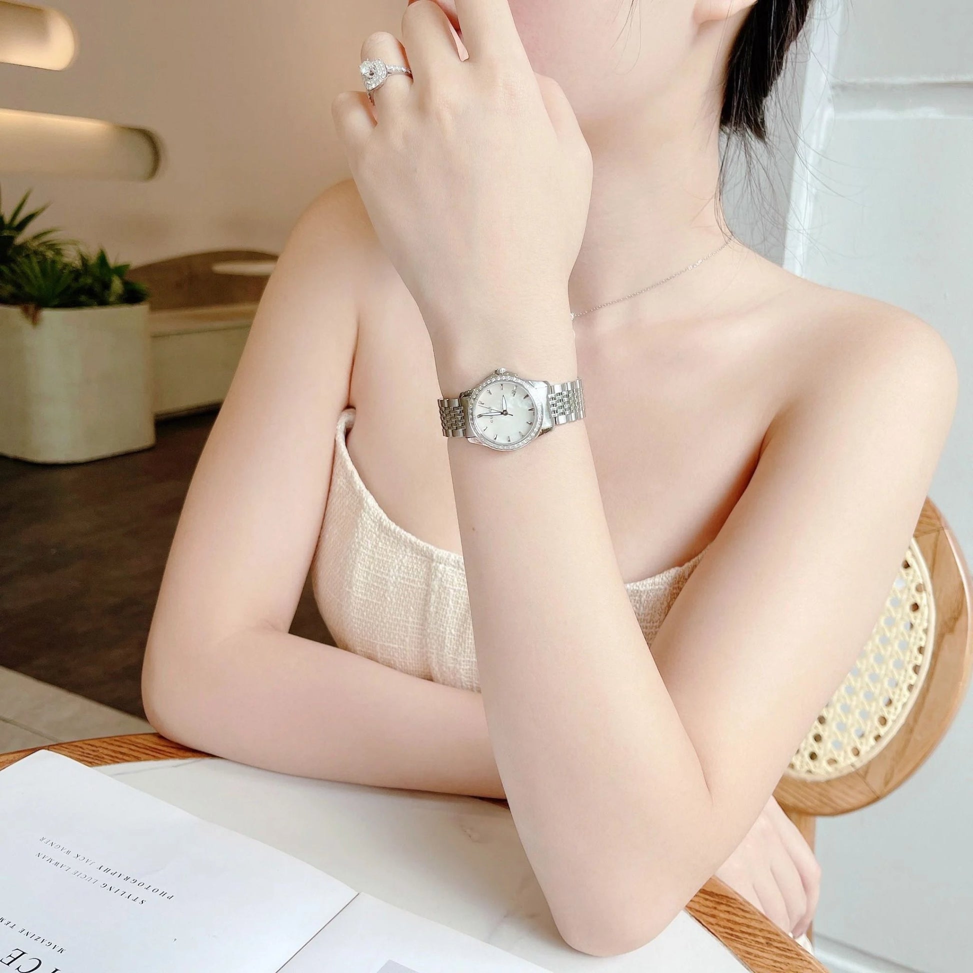 Gucci G Timeless Diamonds Mother of Pearl Dial Silver Steel Strap Watch For Women - YA126506