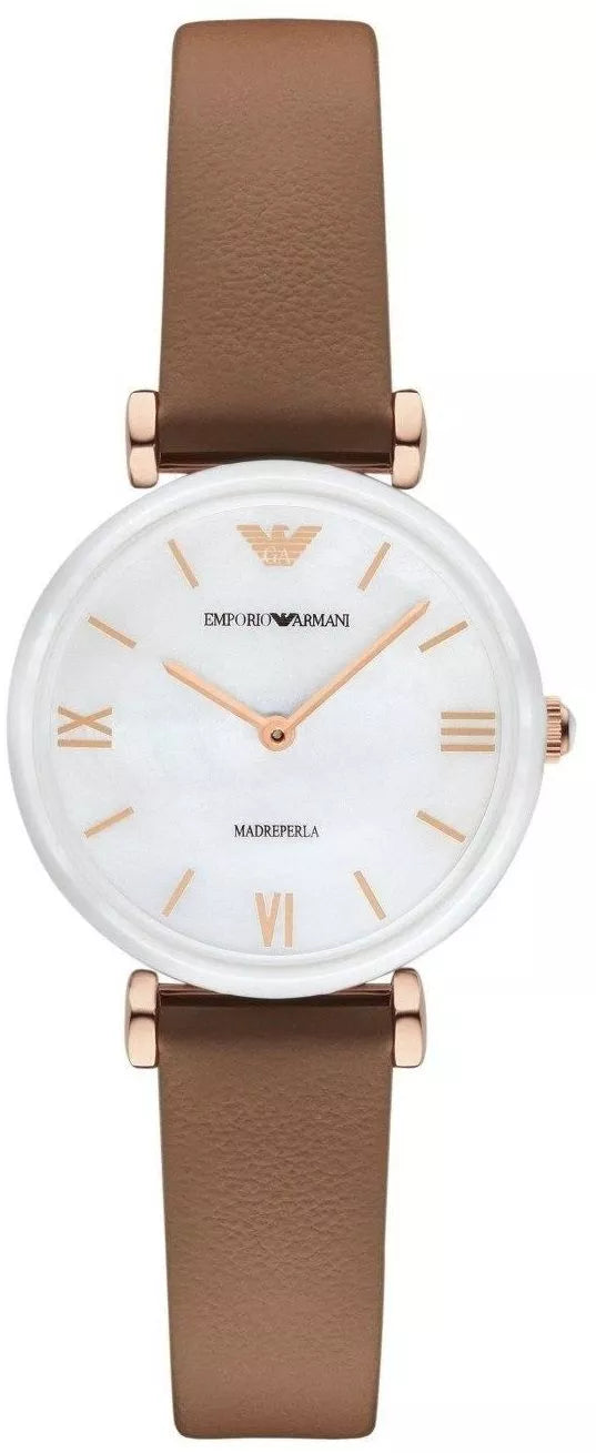 Emporio Armani Gianni T Bar Quartz Mother of Pearl White Dial Brown Leather Strap Watch For Women - AR11040