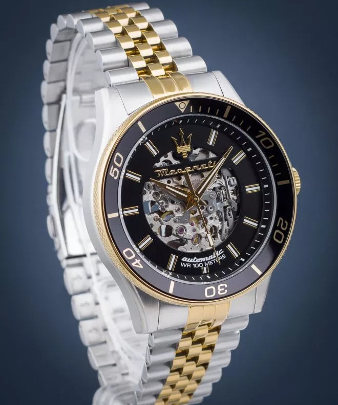 Maserati SFIDA Automatic Skeleton Black Dial Two Tone Steel Strap Watch For Men - R8823140010