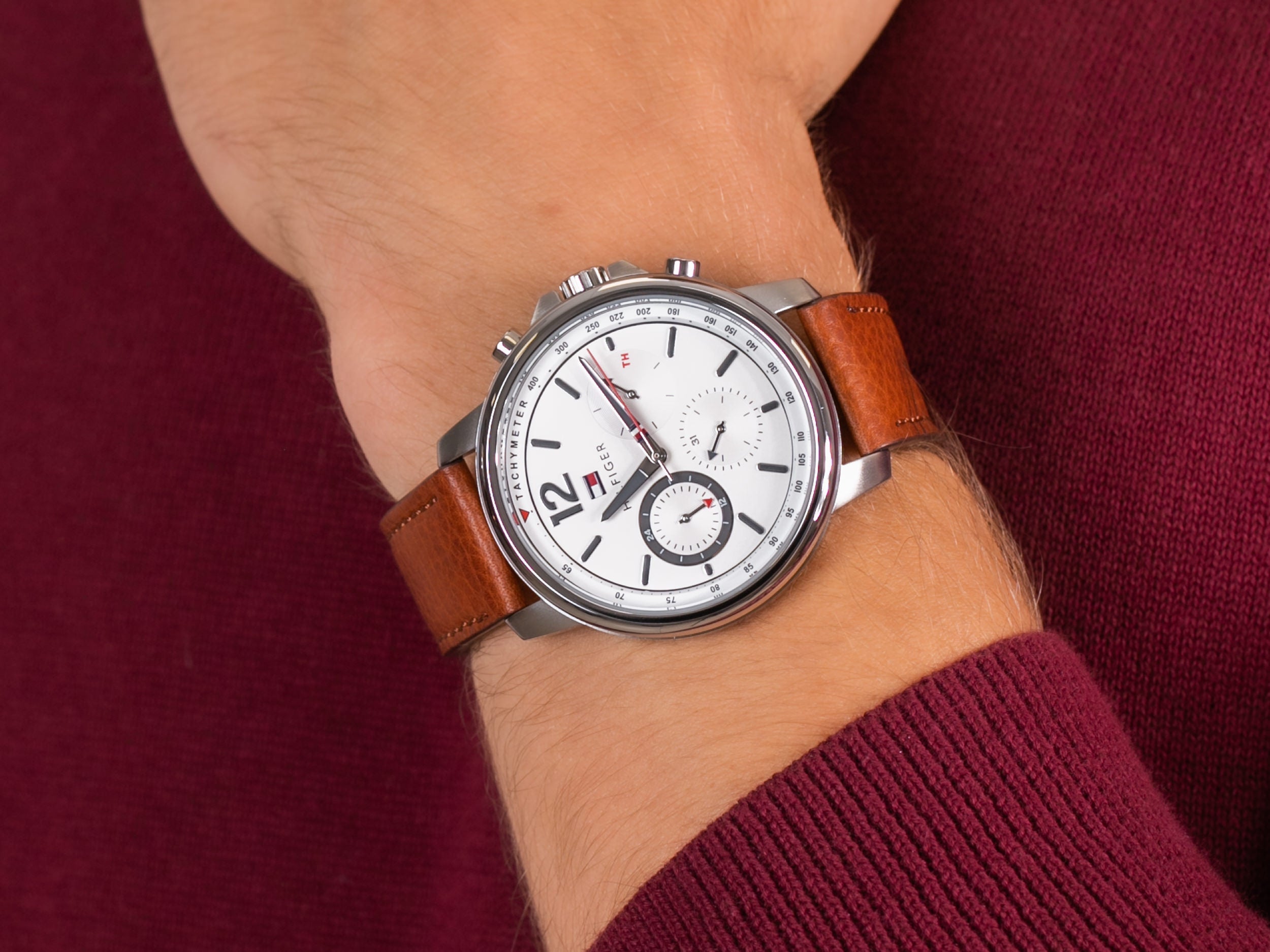 Tommy Hilfiger Landon Chronograph White Dial Brown Leather Strap Watch for Men - 1791531