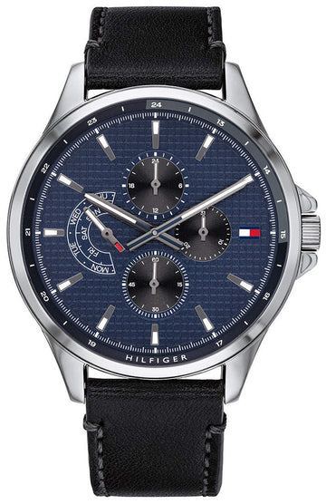 Tommy Hilfiger Shawn Multifunction Quartz Blue Dial Black Leather Strap Watch for Men - 1791616
